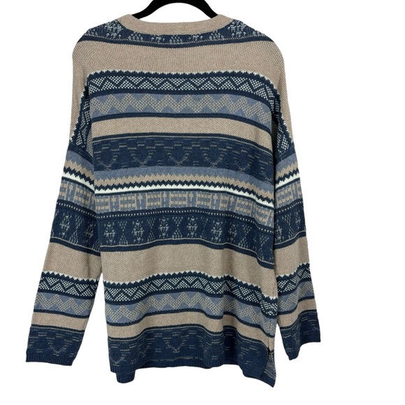 Chaps Western Sweater Blue Tan Pullover Striped Neckline Crisscross Tie Size L - Picture 2 of 8